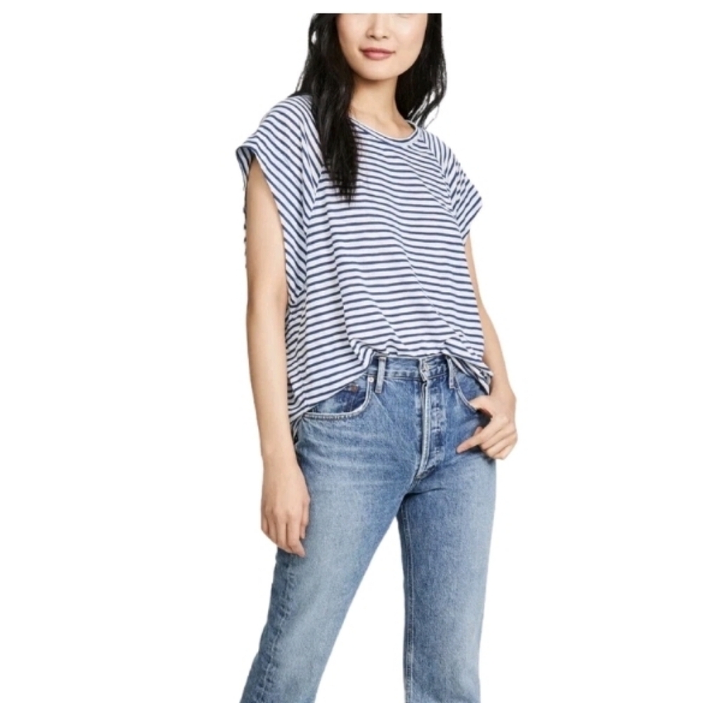 We The Free Halo Cap Sleeve T Shirt Navy White Stripped, Nautical, Women's Small